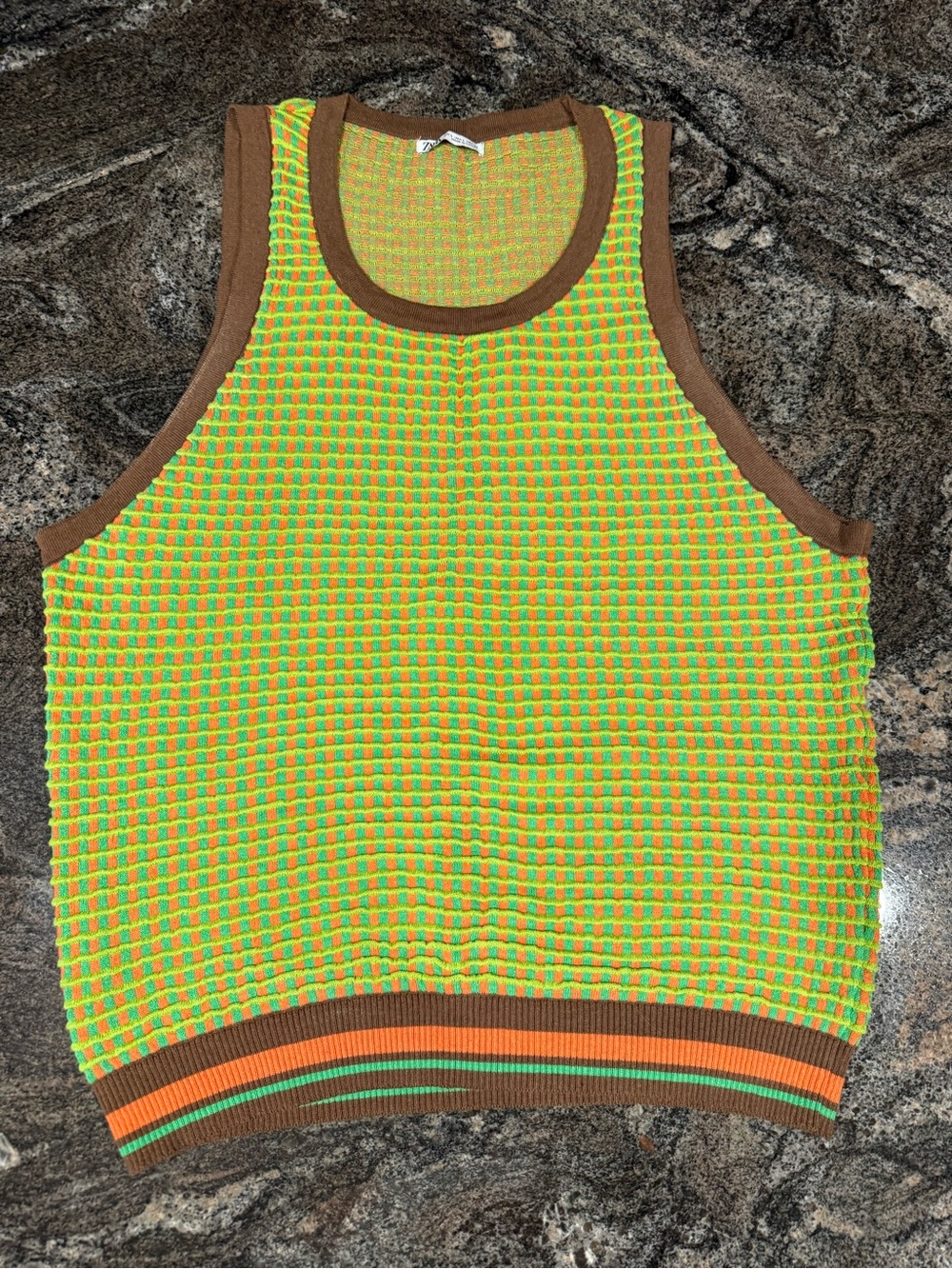 Zara Men's Neon Green Waffle Knit Tank Top - Brown Trim